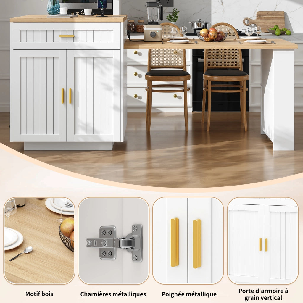 Carrello da cucina estensibile con presa integrata; 1 cassetto; ante e ripiani regolabili; per cucina; 121;5 × 70 × 92 cm