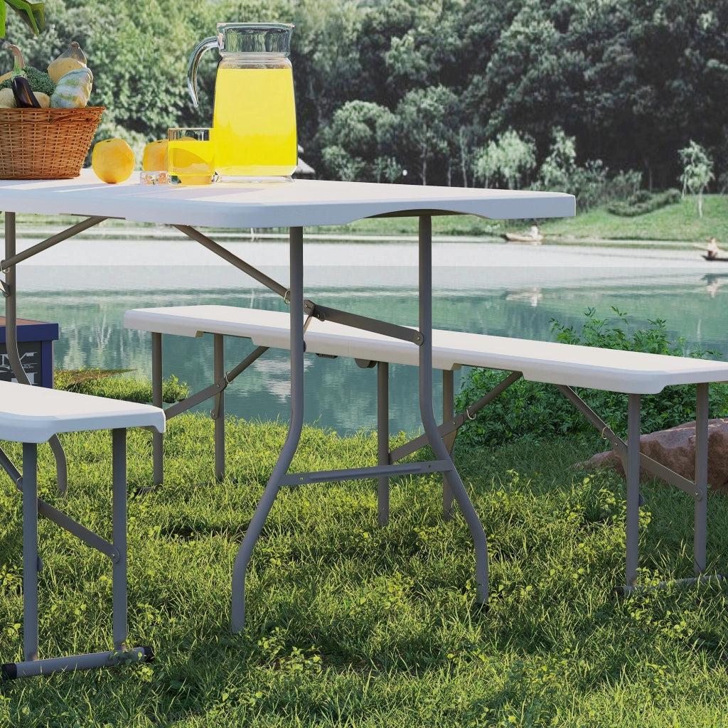 Set da Pic Nic Pieghevole a 3 Pezzi con Tavolo e 2 Panche in HDPE e Metallo Bianco e Grigio Chiaro