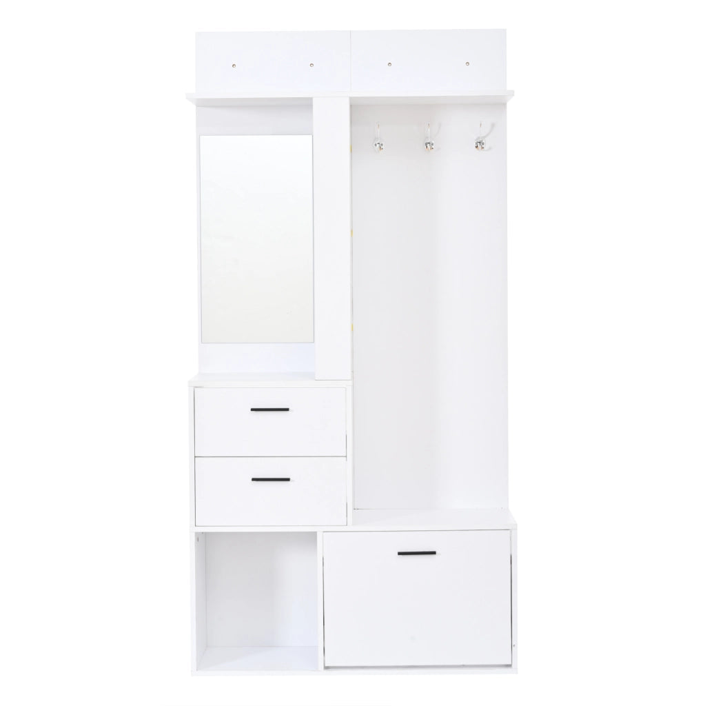 Garderoba 90x30x180 cm con specchio; ripiani pieghevoli e ganci in MDF bianco