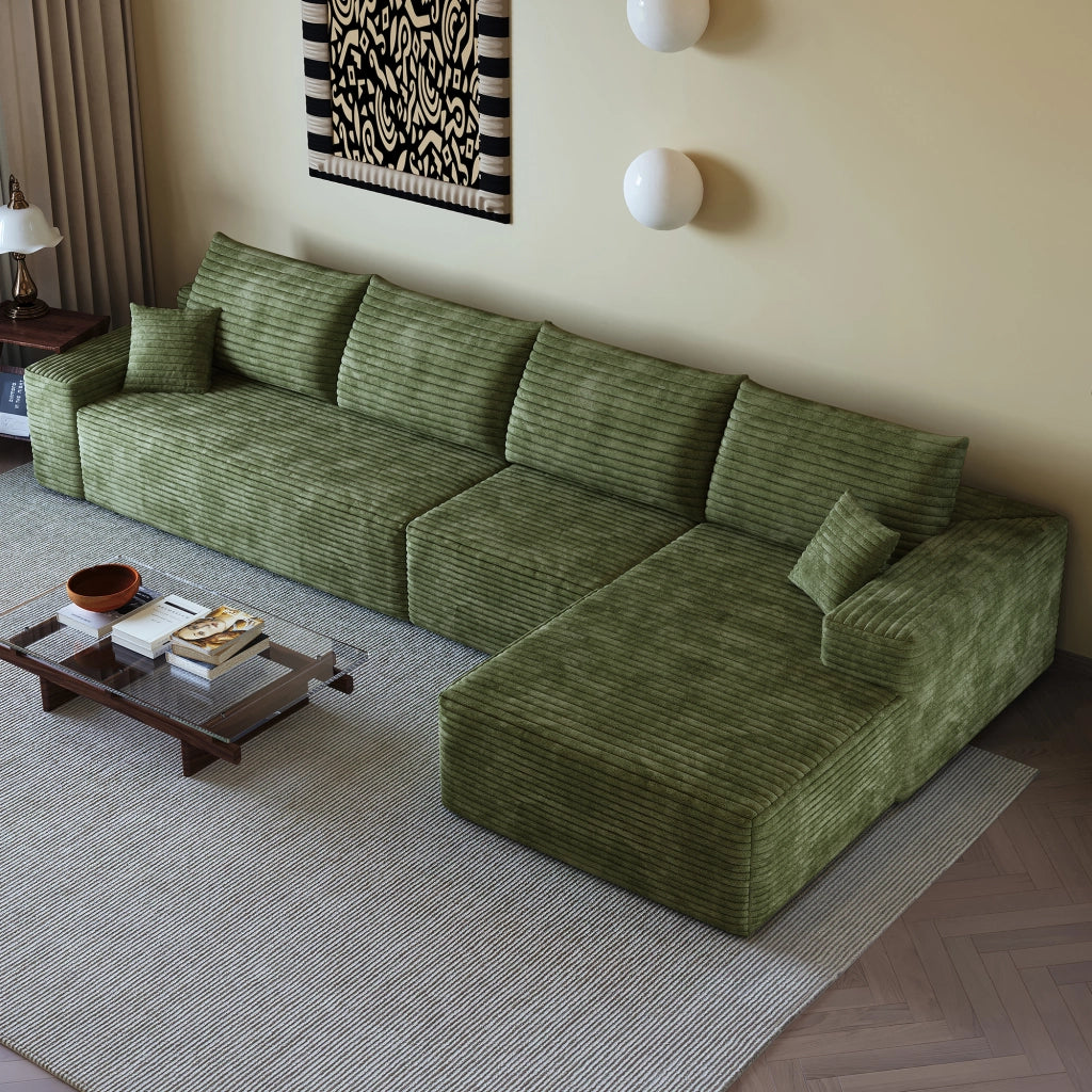 Divano d'angolo modulare con chaise longue e imbottitura in schiuma ad alta elasticità in velluto a coste verde 270 × 175 × 83 cm