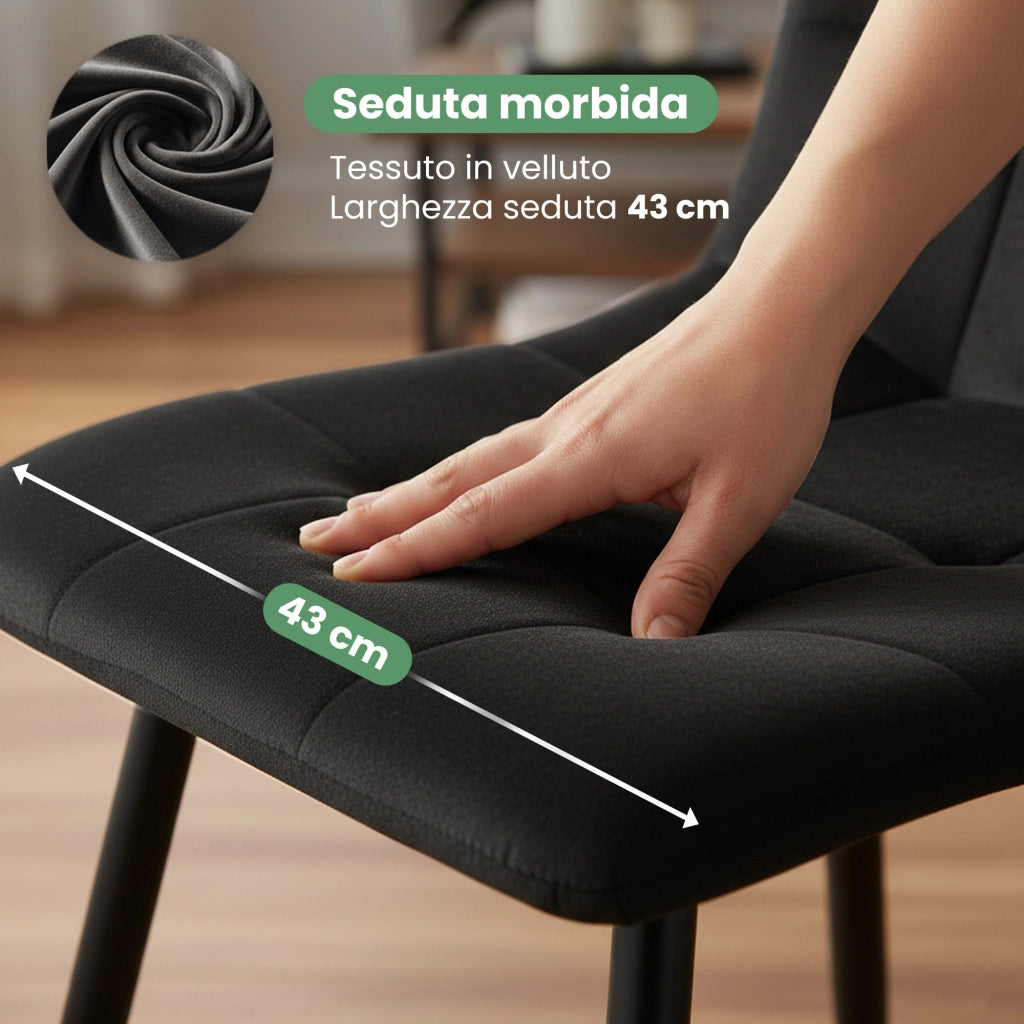 Set di 4 Sedie in velluto trapuntate NERO Nero gambe nere