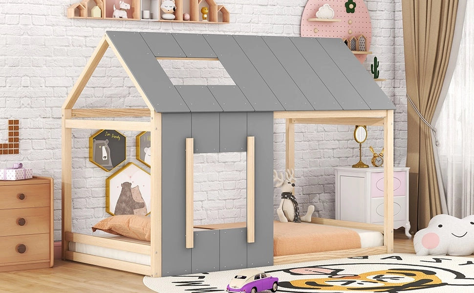 Letto per bambini a forma di casa 90 x 200 cm in pino e MDF, colore naturale, con tetto e finestra