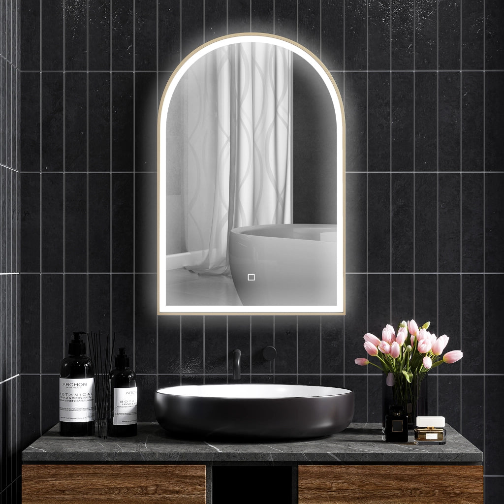 Specchio da bagno LED 90x60cm ¨C Xylo ¨C con antiappannamento e interruttore tattile, cornice in alluminio