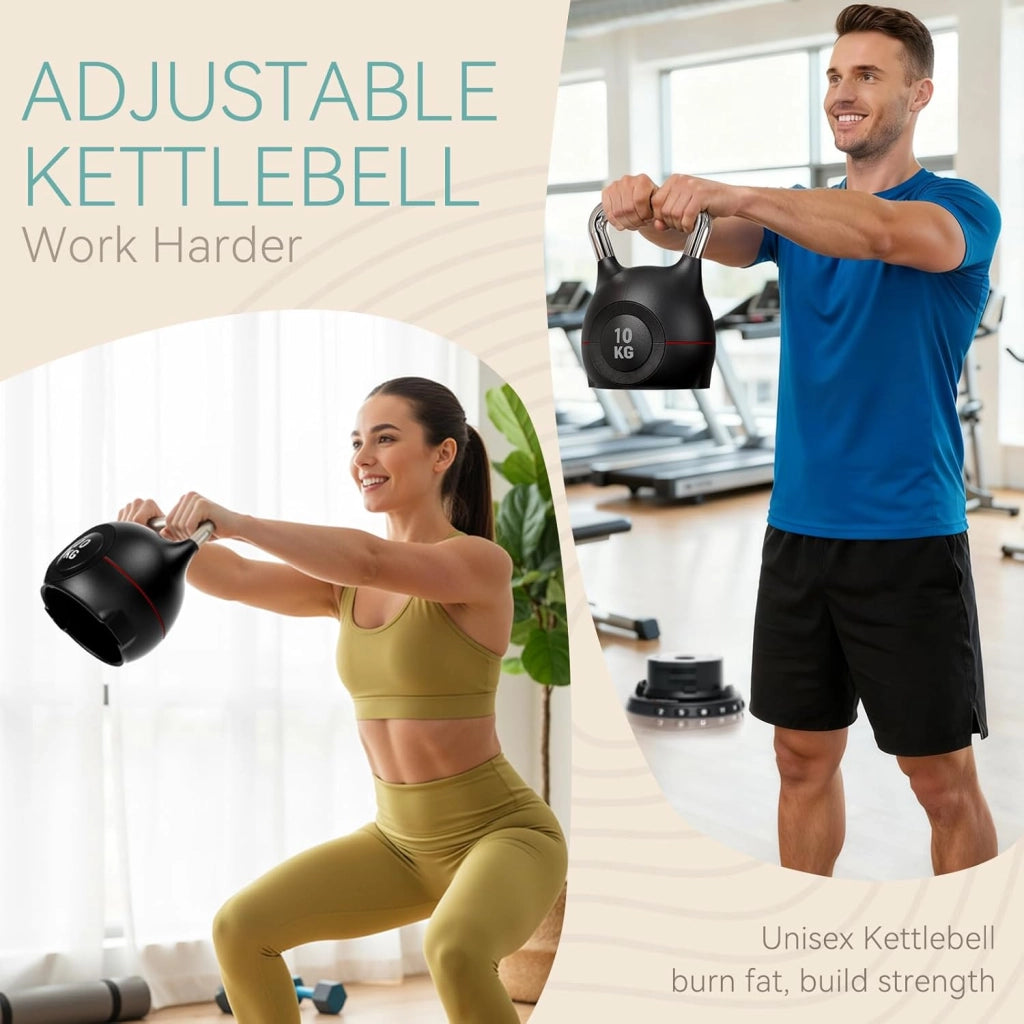 Kettlebell Regolabile 7 in 1, 20 kg Kettlebell con 7 Livelli di Peso, Manubrio per Allenamento a Casa & Fitness, Ideale per Allenamento Completo del Corpo, Compatto & Salvaspazio (Nero, 10kg)