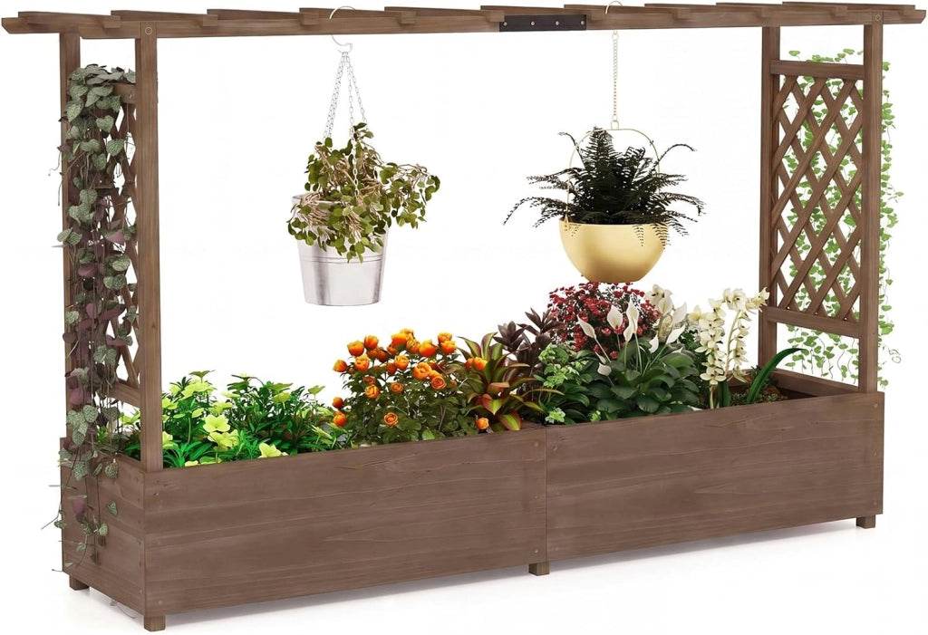 Fioriera Rialzata con Grigliato, Aiuola Rialzata con Traliccio per Piante Rampicanti e Fori di Drenaggio, Orto Elevato da Giardino, Terrazzo e Cortile (Marrone,200 x 44 x 114 cm)