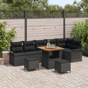 Set di divani da giardino a 9 pezzi con cuscini Nero Polyrattan Acacia