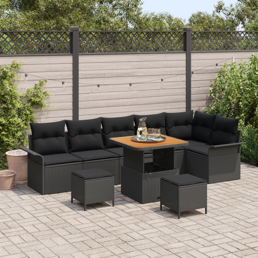 Set di divani da giardino a 9 pezzi con cuscini Nero Polyrattan Acacia
