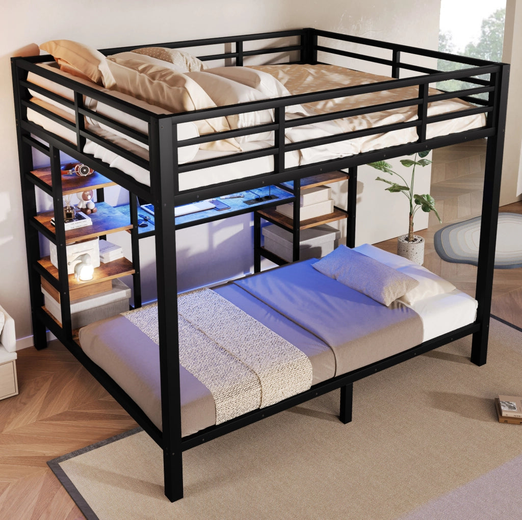 Letto a castello ULEVR 90x200 e 140x200 cm con LED, porte USB, Type-C e presa, ripiani aperti, nero