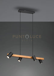 MARLEY SOSPENSIONE RETTANGOLARE CON BARRA LEGNO 4 CILINDRI NERO OPACO L. 80CM  4 LUCI ATTACCO GU10
