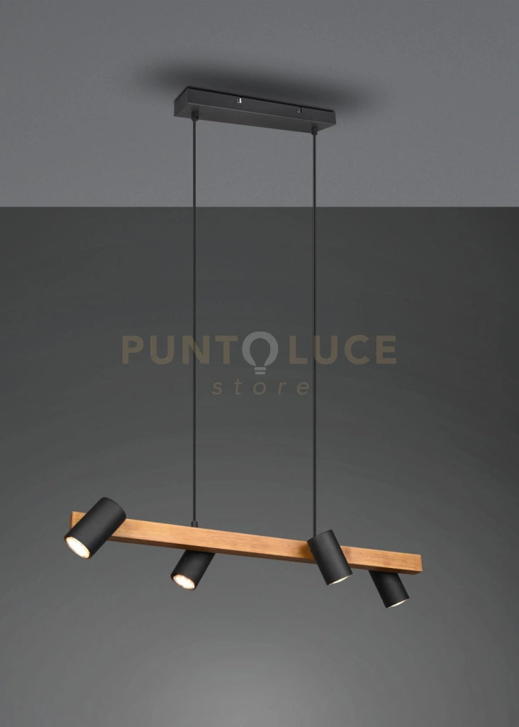 MARLEY SOSPENSIONE RETTANGOLARE CON BARRA LEGNO 4 CILINDRI NERO OPACO L. 80CM  4 LUCI ATTACCO GU10