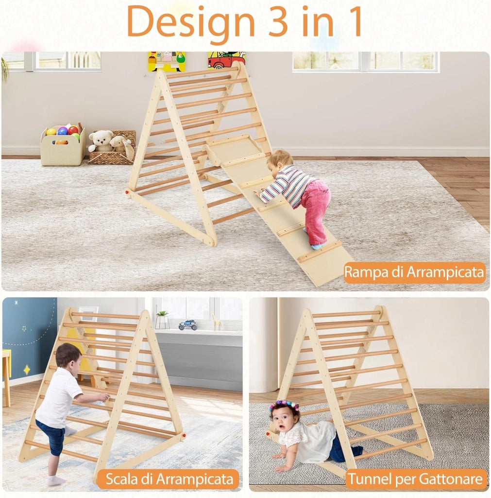 Triangolo a Gradini, Scala Giochi Arrampicata a Triangolo, con Scivolo, Palestra Coperta da Casa, Legno, Ideale per Bambini 3+ Anni (naturale)