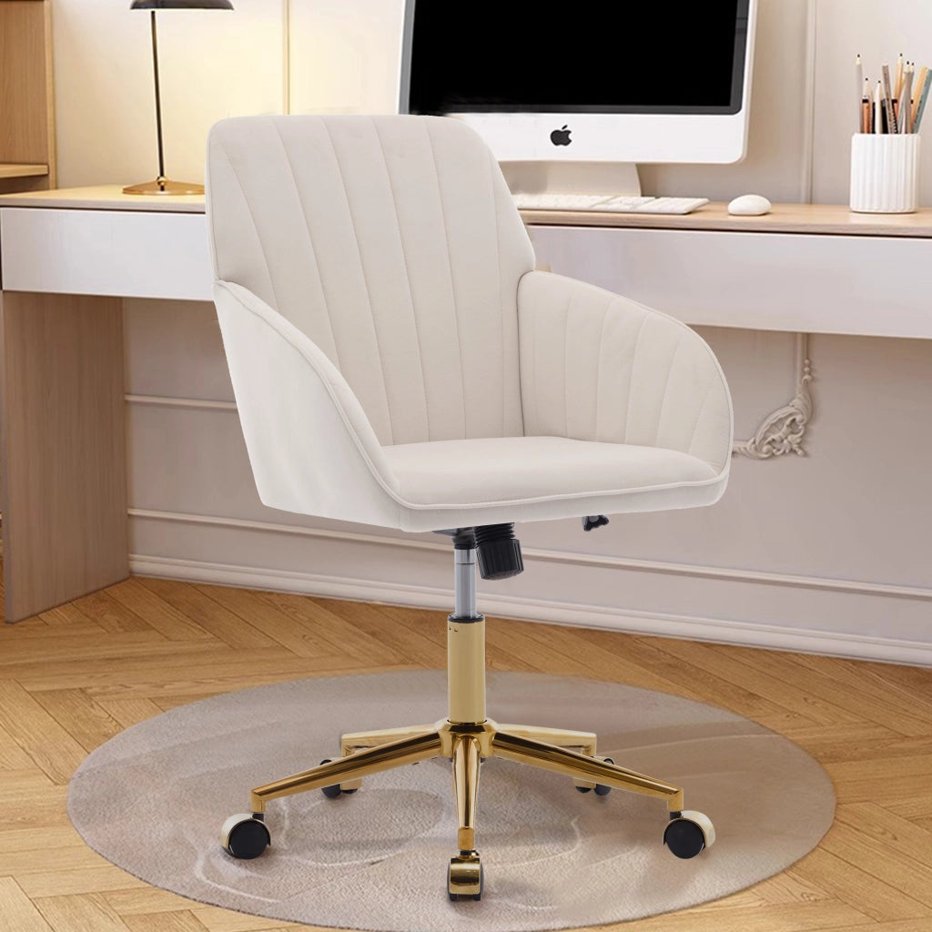 Sedia da ufficio girevole regolabile con schienale ergonomico e rotazione a 360 gradi in velluto bianco per casa