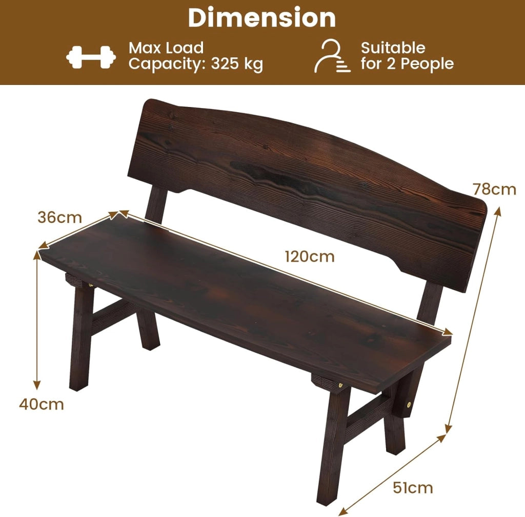 Panchina da giardino in legno, con schienale, per esterni, resistente alle intemperie, portata fino a 325 kg, per balcone, giardino, terrazza, 120 x 51 x 78 cm