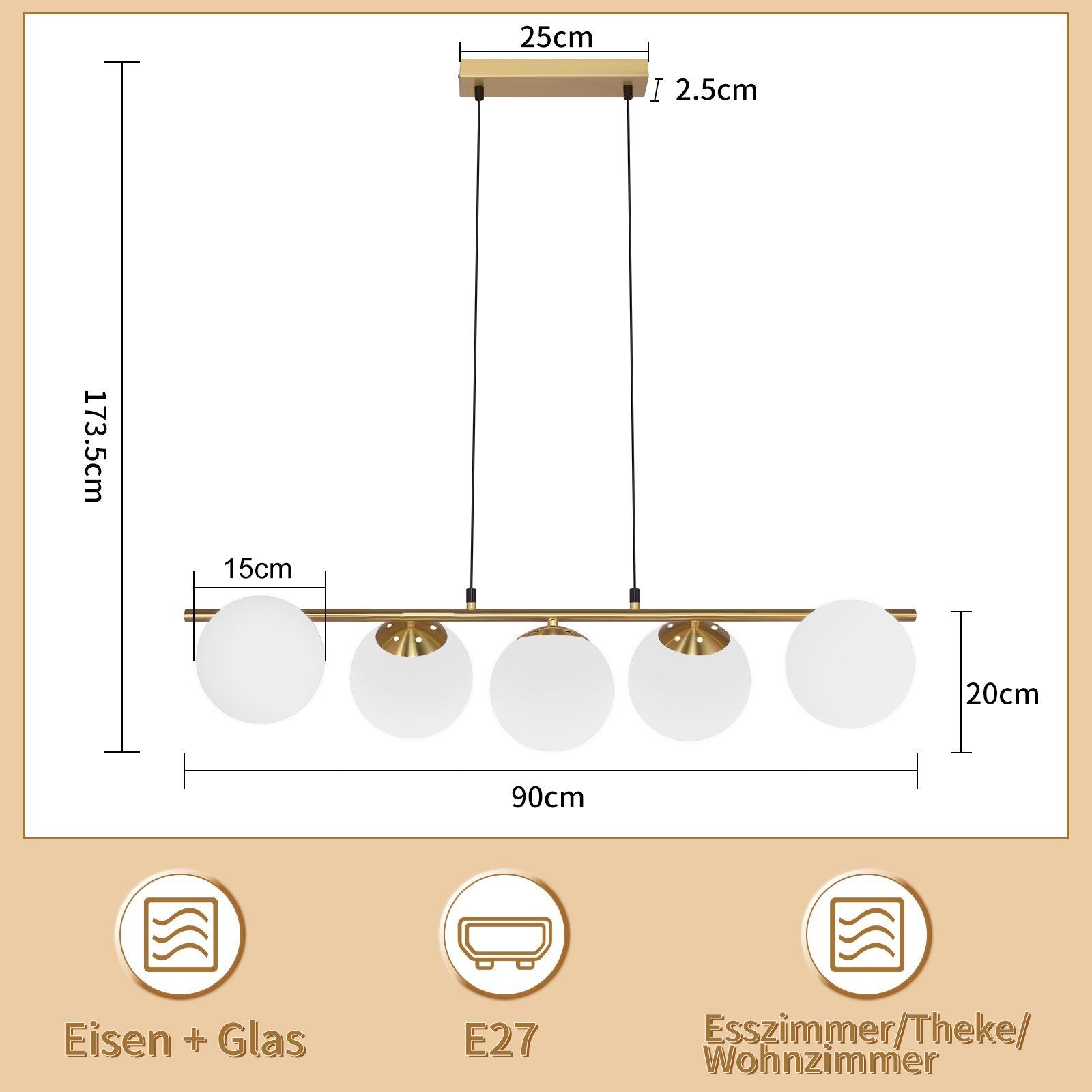 Lampada a sospensione ZMH vetro dorato diametro 90 cm altezza regolabile 150 cm E27 stile moderno