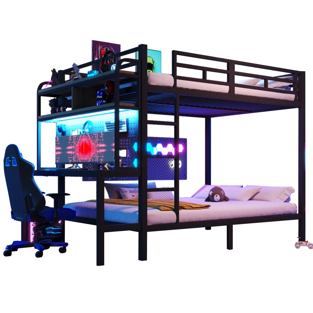Letto a castello in metallo 140x200 cm con scrivania; vani portaoggetti; LED; USB; parapetto e scala; nero