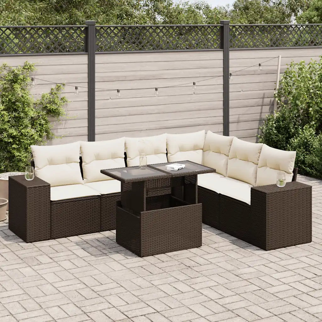 Set Divani da Giardino 7 pz con Cuscini Marrone in Polyrattan