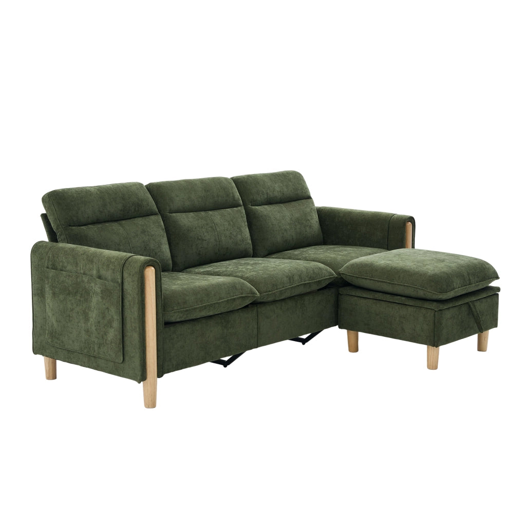 Divano ad angolo con pouf contenitore e tasche laterali chaise longue reversibile in ciniglia verde 201 × 77 × 86 cm