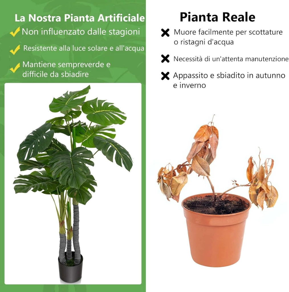 Pianta Finta 120 cm, Albero di Filodendro Artificiale con Foglie in Plastica PE, 3 Rami e 20 Foglie e Supporto in Cemento, Ideale per Casa, Ufficio e Negozio