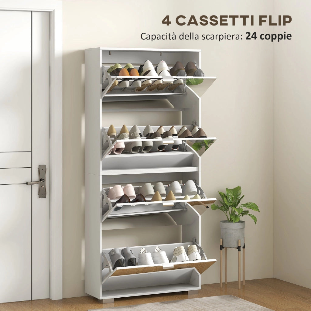 Scarpiera Salvaspazio Slim con Specchio e 4 Cassetti 24 Paia di Scarpe 76x26x178 cm Bianco