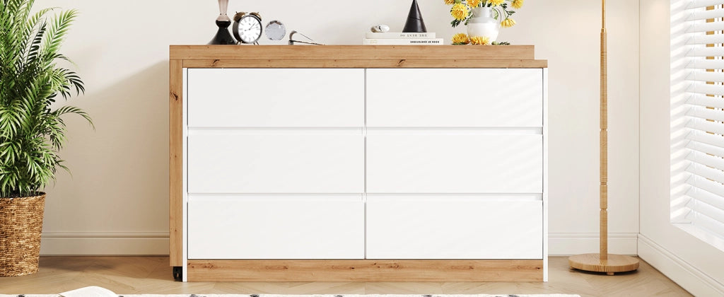 Scrivania girevole con 6 cassetti e ruote bloccabili, per ufficio in casa e camera, in truciolare, bianco e rovere, 120 × 50 cm