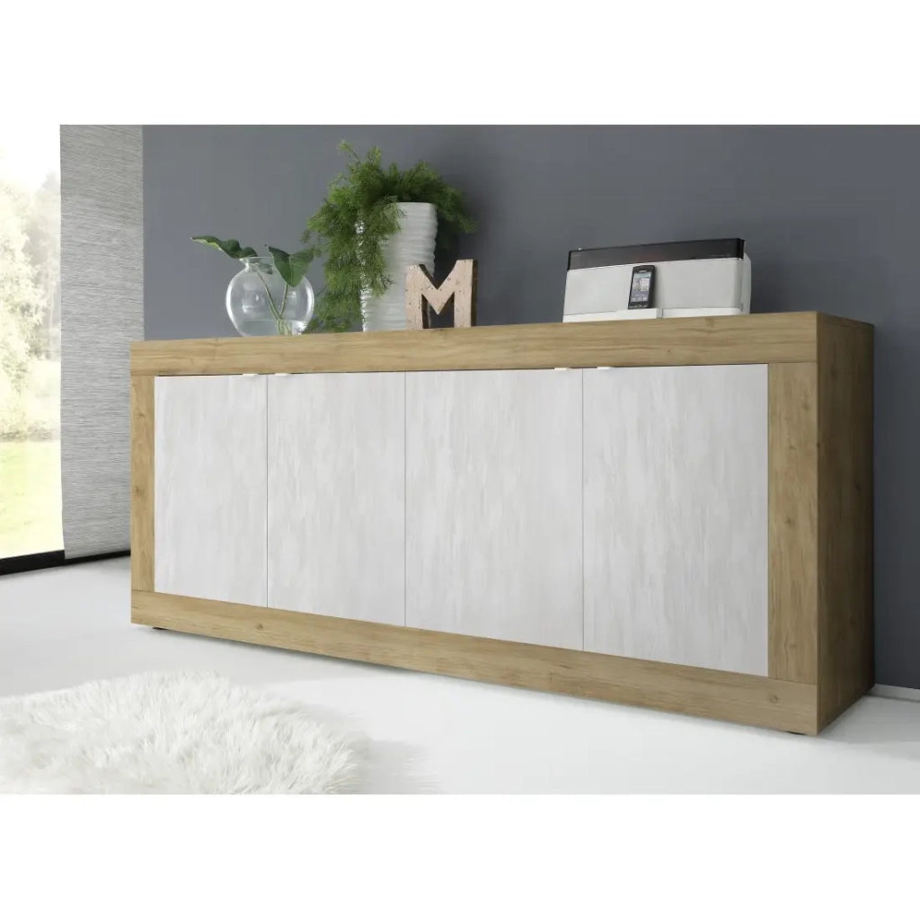 Credenza a 4 porte collezione ACCESS. Colori bianco e rovere chiaro.