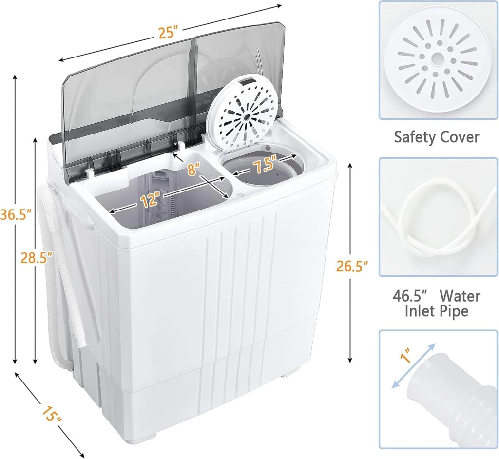 GT-GE-10390US-GR-FP - Lavatrice portatile da 20 libbre, lavatrice da 15 libbre e filatrice da 6,6 Llbs, compatta per camper appartamento, bianco e grigio, GT-GE-10390US-GR-FP