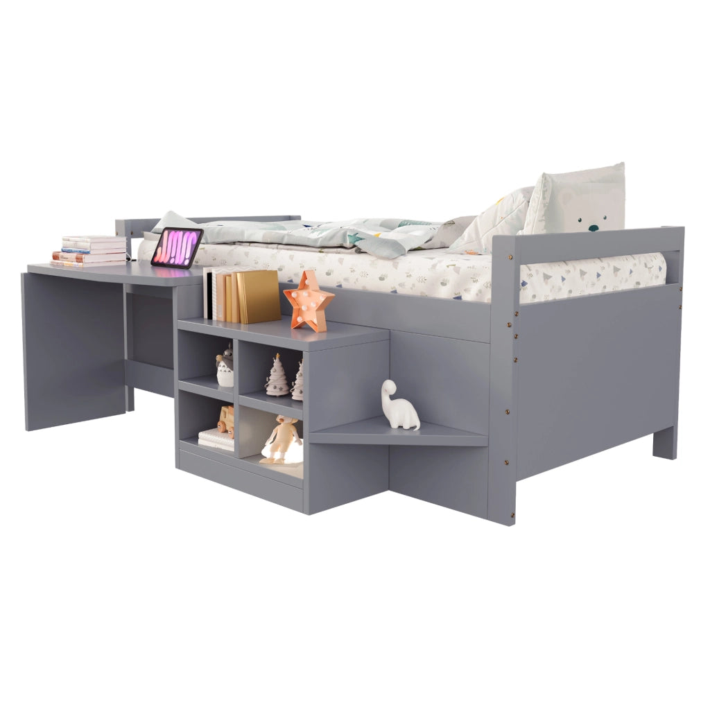 Letto multifunzionale 90x200 cm con scrivania; vani contenitore e prese USB; grigio