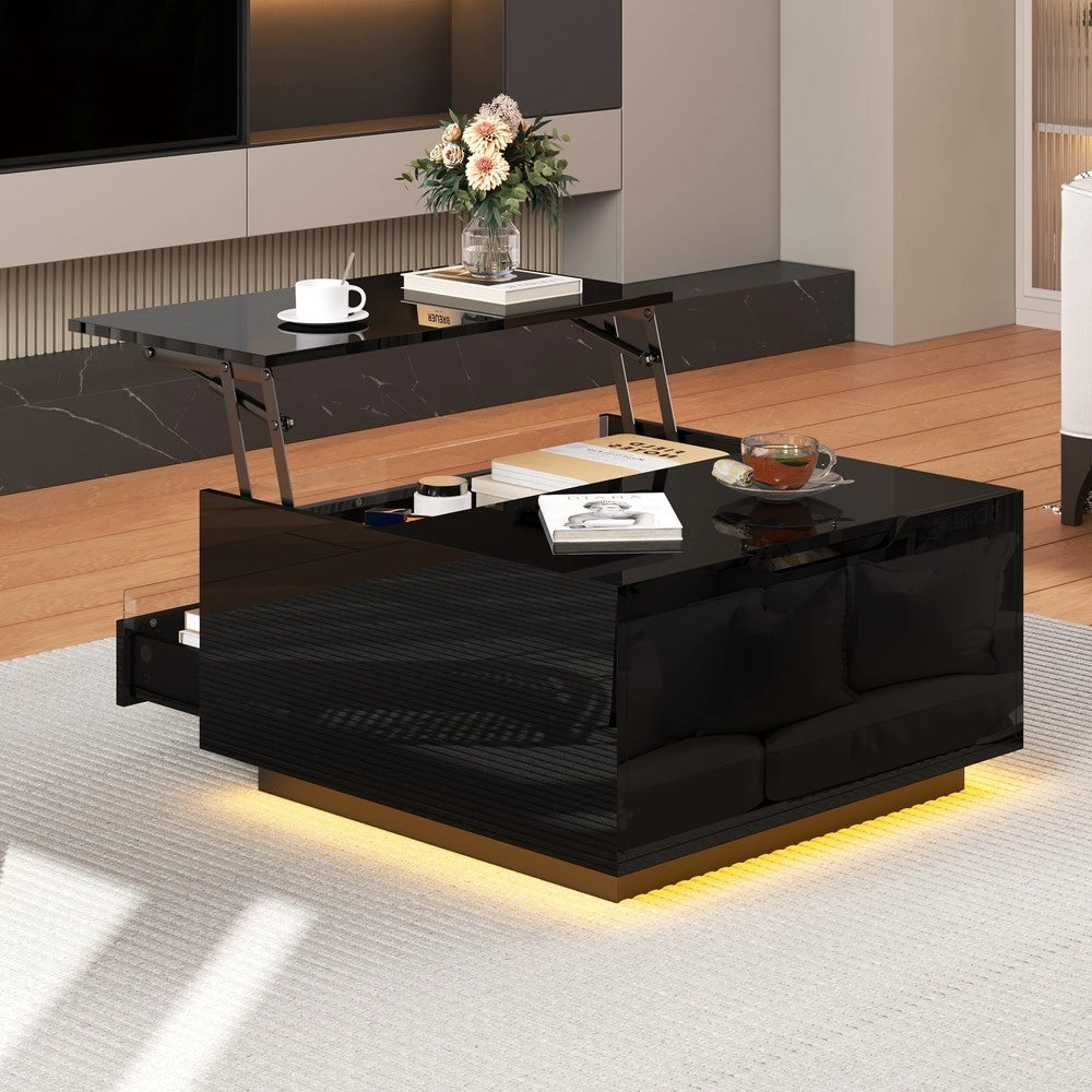 Tavolino da Caff¨¨ con LED e Cassetto ¨C MINIMAL ¨C Nero Lucido 70x70x38