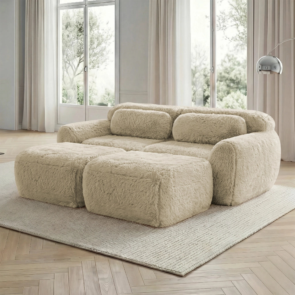 Divano Modulare 2 Posti con 2 Pouf Senza Montaggio Comfort Nuvola Seduta Ampia Base Antiscivolo in Peluche Beige Chiaro