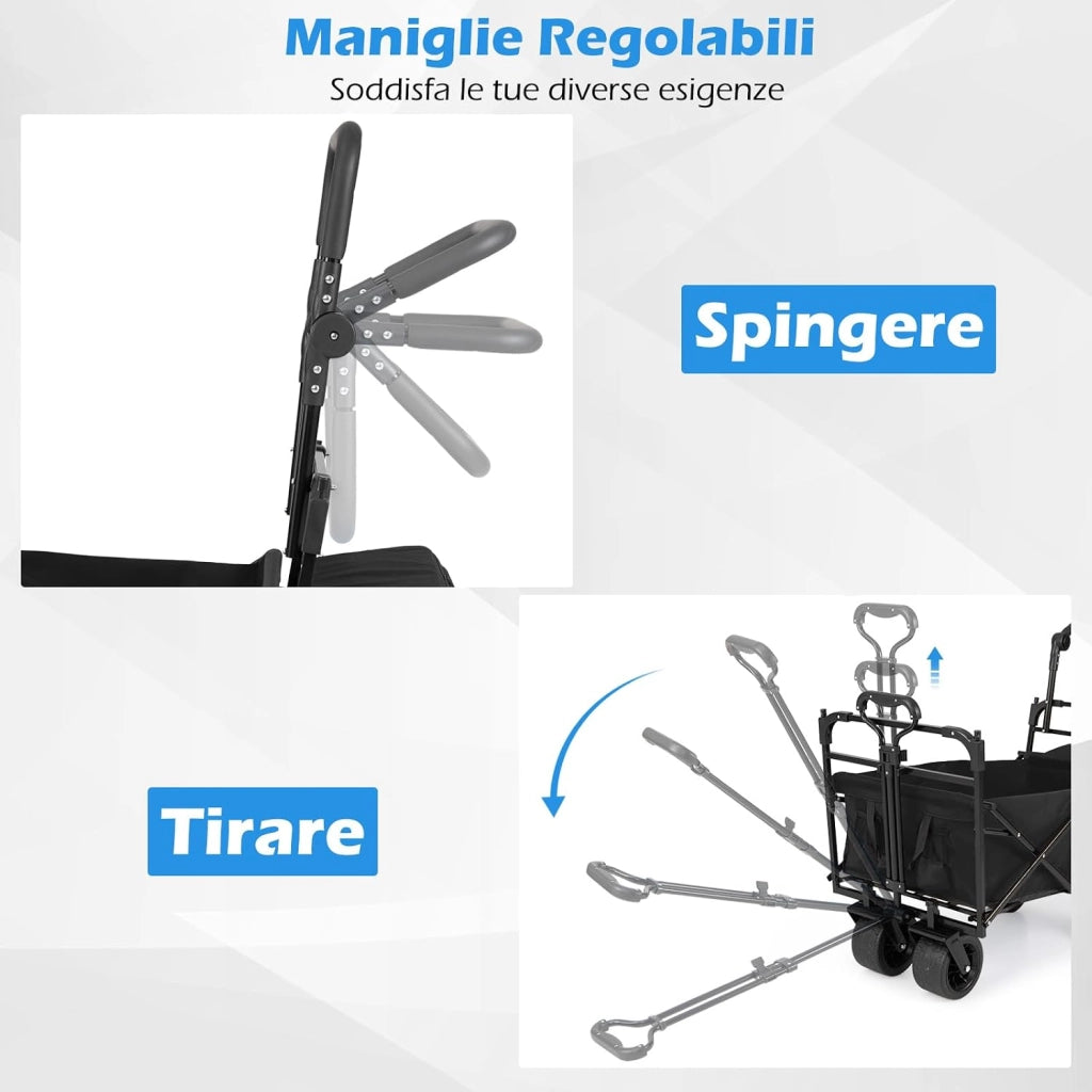 Carrello Pieghevole con Tetto, Carrello Trasportabile con Maniglia Regolabile, Borsa Portaoggetti e Ruote Grandi, Carrello da Giardino Capacità 100L, per Campeggio e Animali Domestici (Nero)