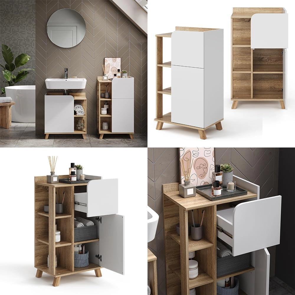 Mobiletto bagno Karen, Sonoma/Bianco, 50 x 90 cm con anta e cassetto, adatto per la conservazione di articoli da bagno e asciugamani