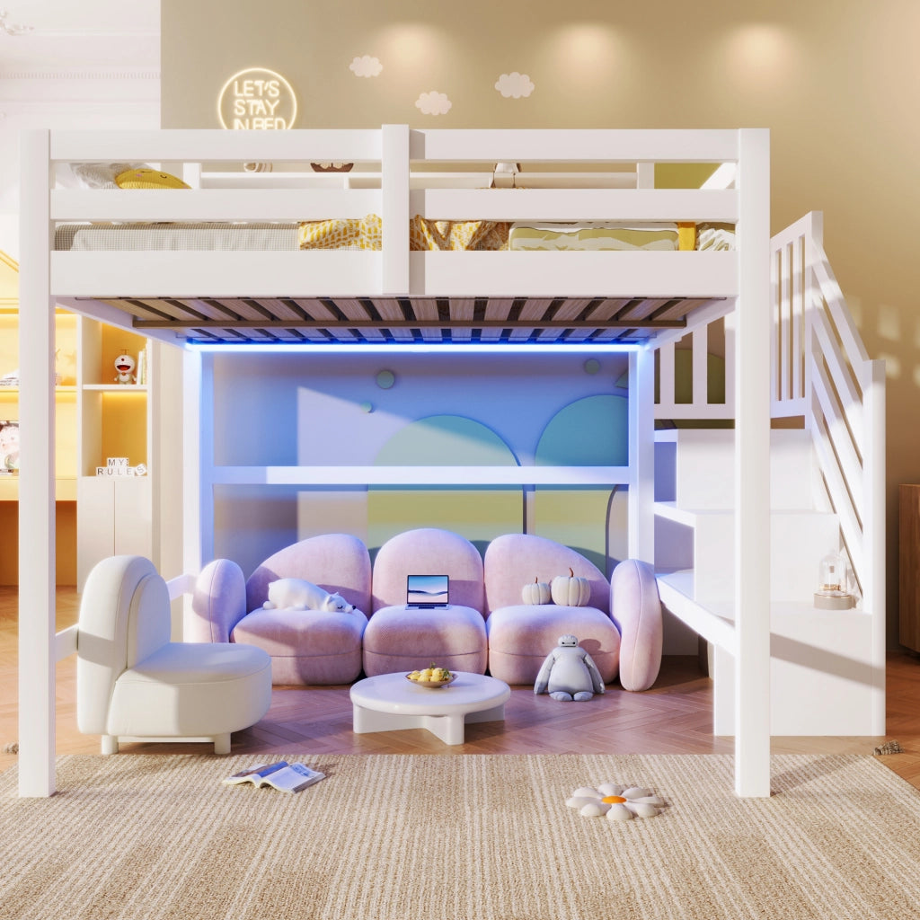 LETTO A SOPPALCO 140x200 cm Bianco con LED e scala contenitore
