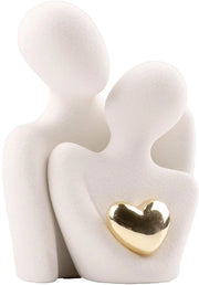 Paarbeeldhouwwerk con cuore d'oro, figura decorativa moderna bianca per soggiorno/camera da letto, amore abstracto, regali per matrimoni e anniversari