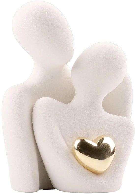 Paarbeeldhouwwerk con cuore d'oro, figura decorativa moderna bianca per soggiorno/camera da letto, amore abstracto, regali per matrimoni e anniversari