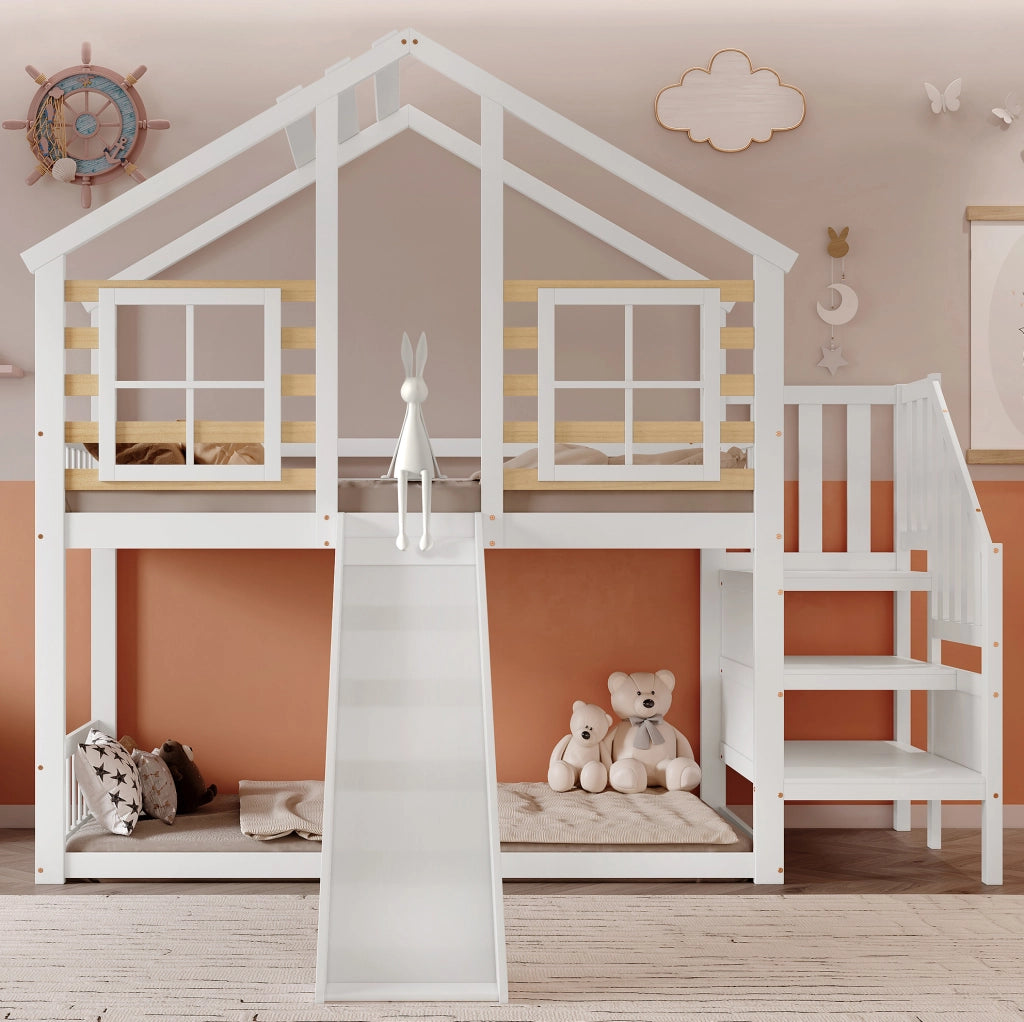 Letto a castello per bambini con scivolo, scala e finestre 90x200 cm