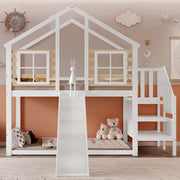 Letto a castello per bambini con scivolo, scala e finestre 90x200 cm