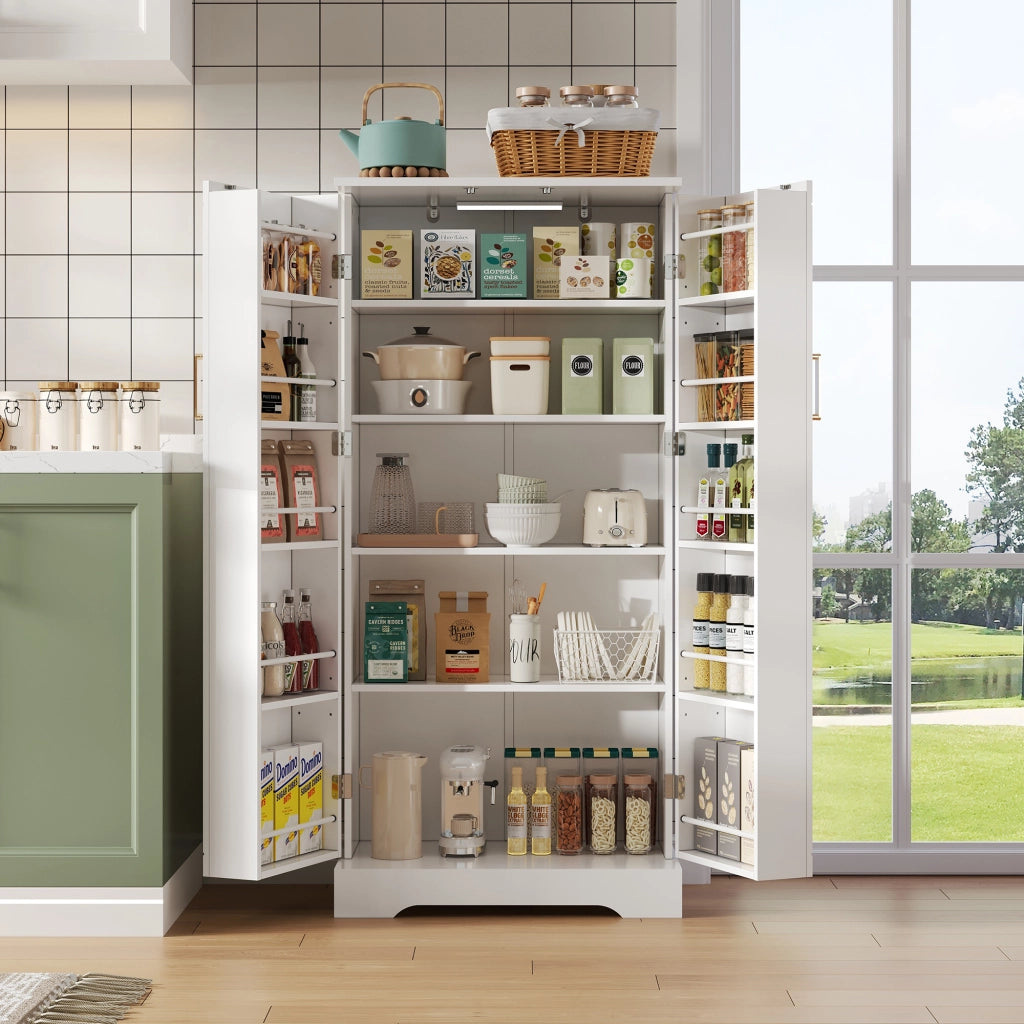 Credenza cucina salvaspazio bianca 60x35x128 cm con luce LED sensore, ripiani regolabili e 1 pacco