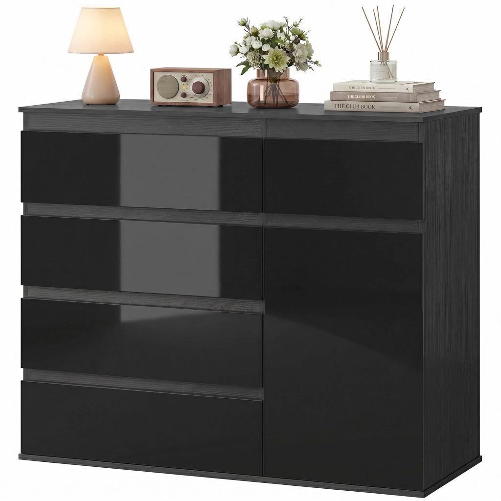 Cassettiera Moderna con 5 Cassetti, Ripiano Regolabile, Ante Soft-Close ¨C zephmum ¨C Nero Lucido