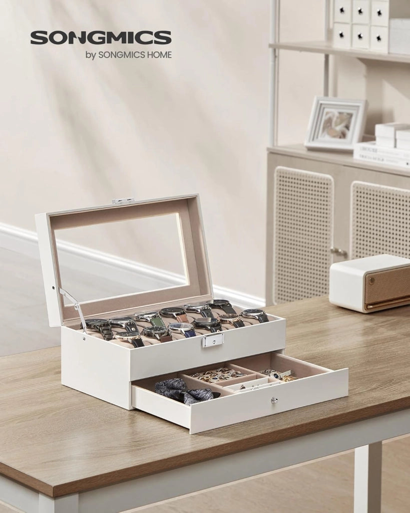Porta Orologi a 12 Posti, Scatola Portaorologi a 2 Livelli, Coperchio in Vetro, Chiusura, Cassetto, Idea Regalo, Superficie in PU Bianca Nuvola, Interno Beige Cappuccino JWB012W01