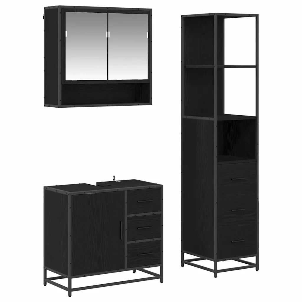 Set di mobili per il bagno 3 pcs Rovere Nero Legno multistrato