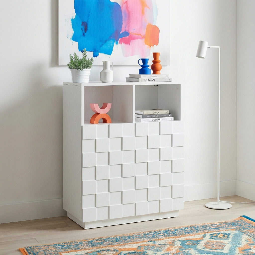 Armadio Comò Alto Bopibobro a 2 Ante Credenza con 2 Ripiani Aperti e 4 Vani Chiusi 86 x 64 x 36 cm - Bianco [en.casa]