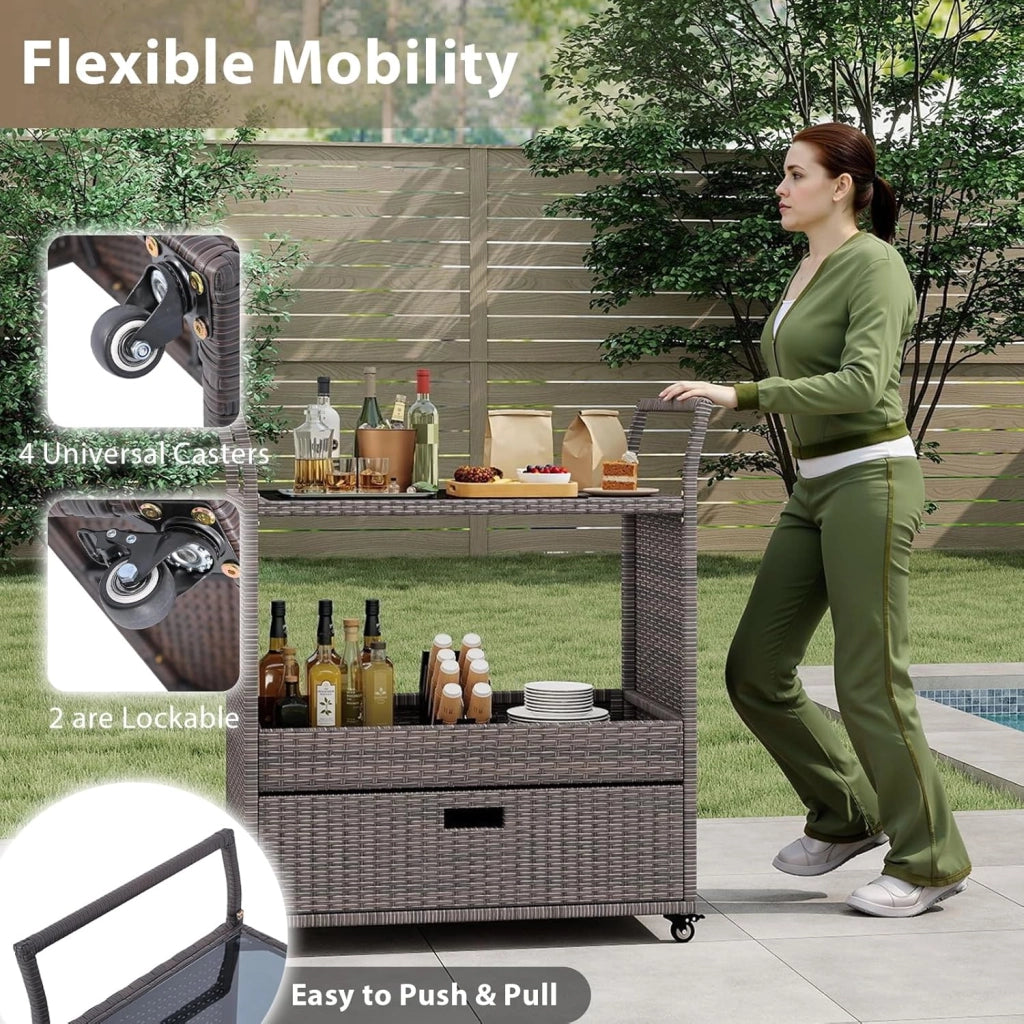 Carrello Bar da Esterno con Ruote, Carrello di Servizio in Rattan con Ripiano in Vetro Temperato, Scaffale di Stoccaggio e Cassetto Rimovibile per Veranda, Giardino e Bordo Piscina