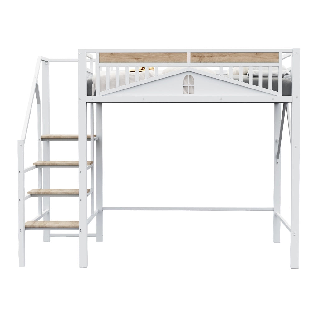 Letto a soppalco in metallo 140x200 cm con scala di sicurezza e spazio sotto il letto; bianco
