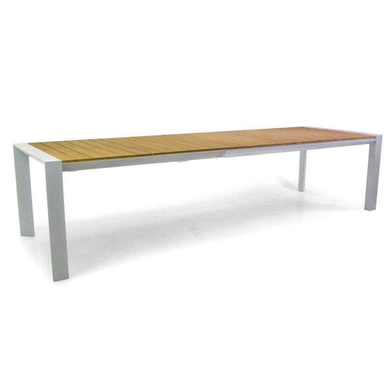 Tavolo alluminio allungabile Saigon bianco top teak cm 200/260/320x100h76