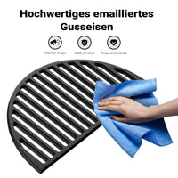 Set 1x Piastra in ghisa rigata + 1x Griglia in ghisa, forma a mezza luna, 46,7 x 22,8 cm, per barbecue, bistecchiera, ideale per grigliare carne, pesce, verdure