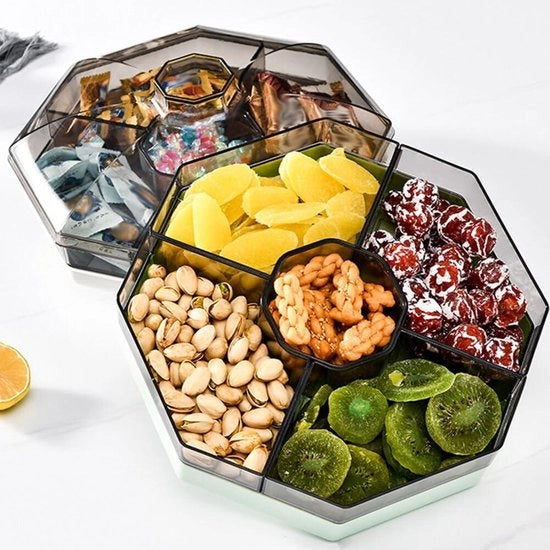 Cassetta di conservazione a doppio snack - contenitore di servizio rotante per snack, noci, frutta secca - con coperchio
