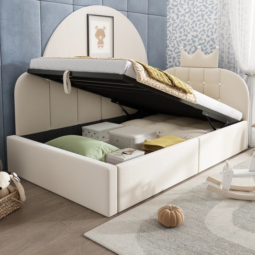 Letto da giorno contenitore 90x190 cm; design a corona e griglia; velluto beige