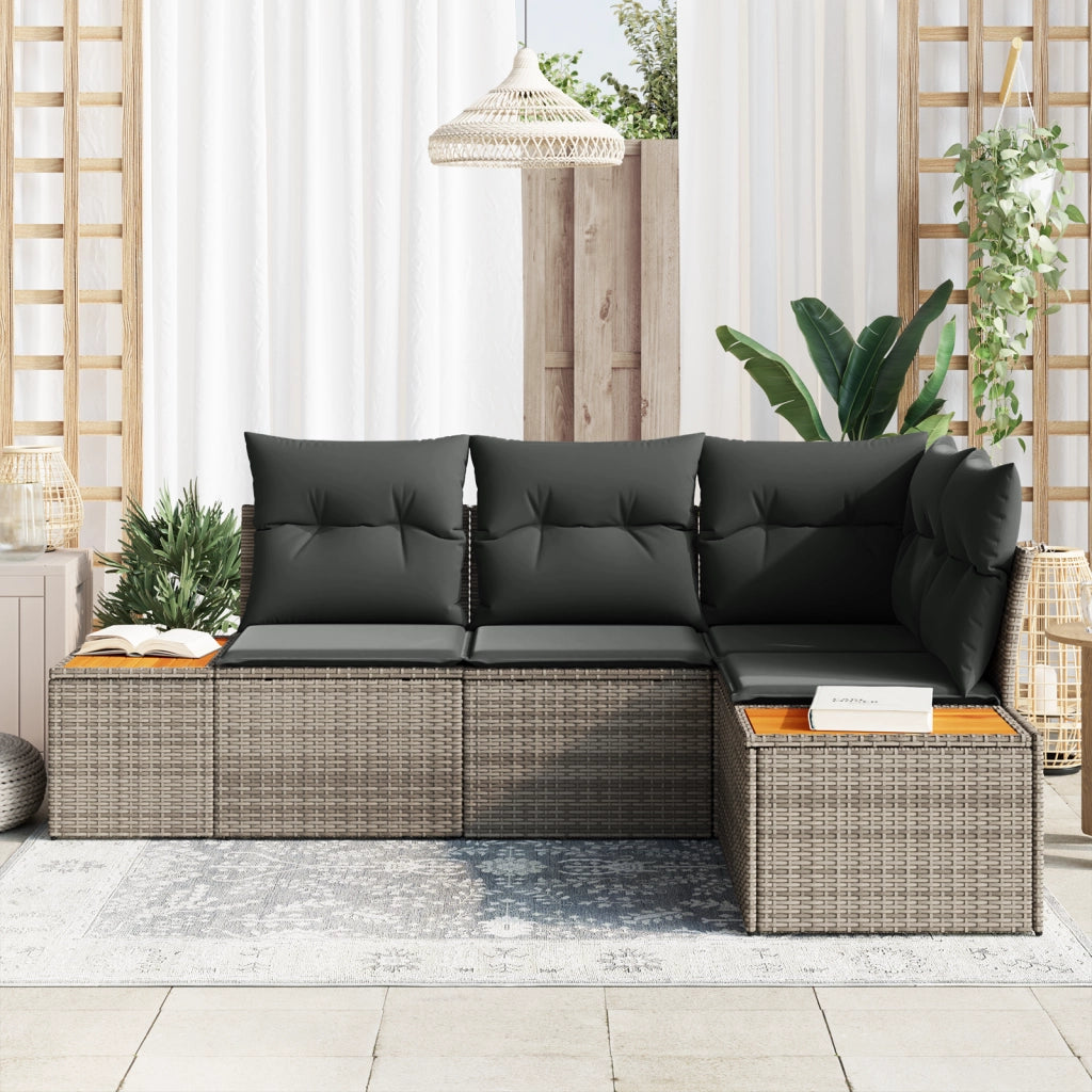 Set di divani da giardino a 4 pezzi con cuscini in polyrattan grigio e acacia