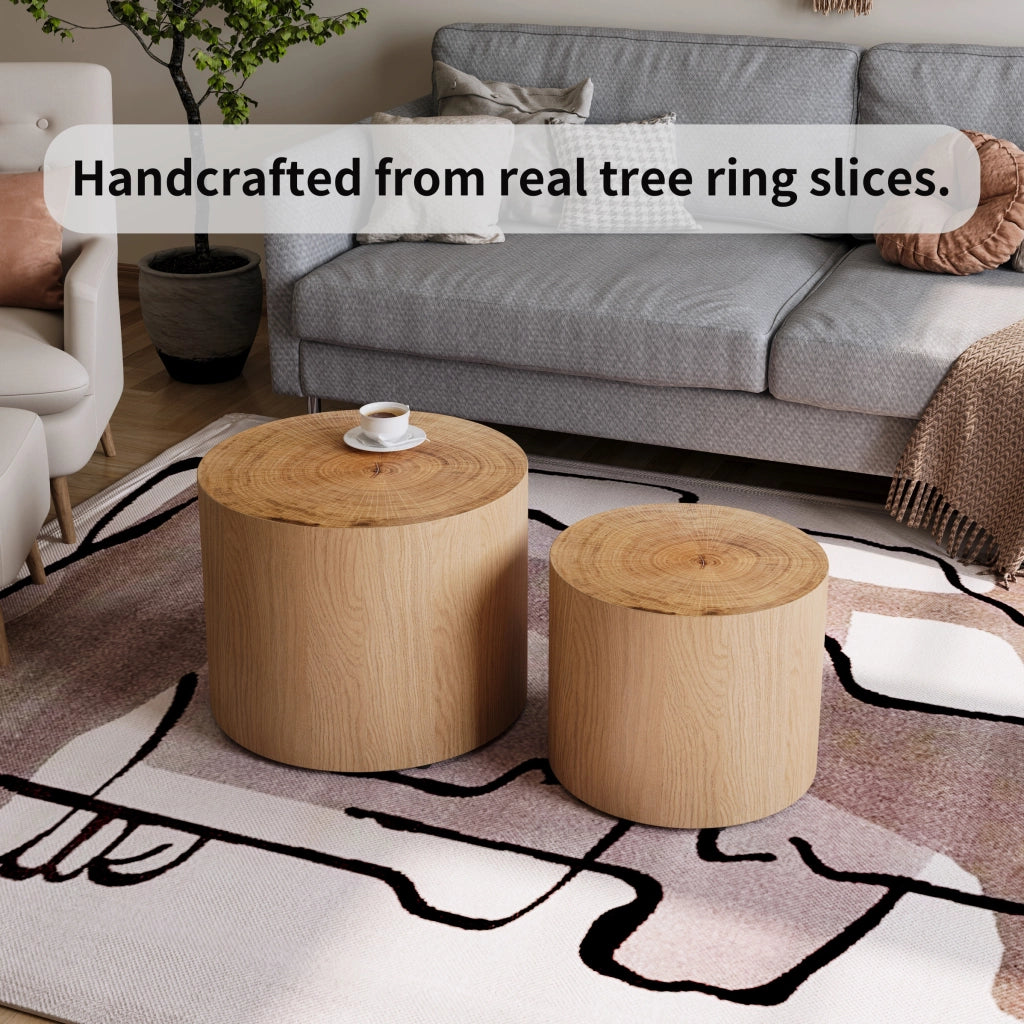 Tavolini bassi impilabili set da 2 con piano effetto anello naturale, per soggiorno, in legno e MDF, stile moderno