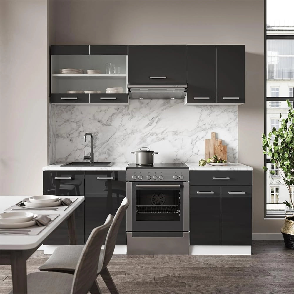 Cucina componibile R-Line, Antracite lucido/bianco, 200 cm, PL Rovere, adatto per l'espansione individuale con moduli aggiuntivi